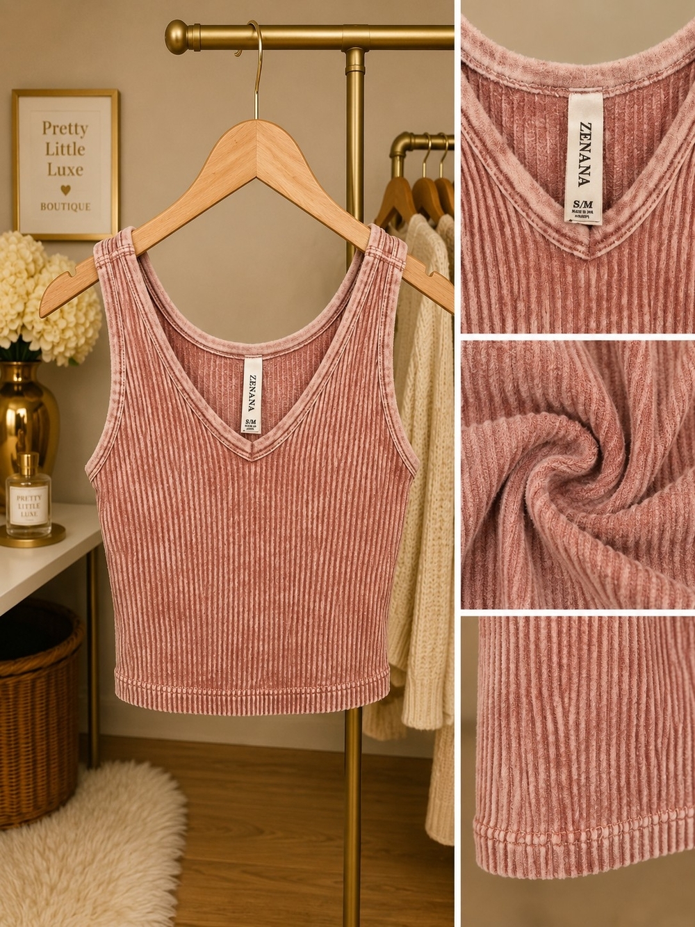 Zenana Outfitters Dusty Mauve Ribbed V-Neck Cropped Tank S/M